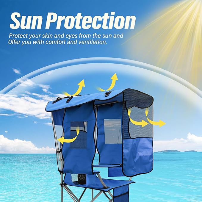 BDL Camping Chair with Canopy Shade Portable Foldable Canopy Chair with Cooler Mesh Backrest Cup Holder and Pocket for Camping Fishing Beach and SportsSky-Blue