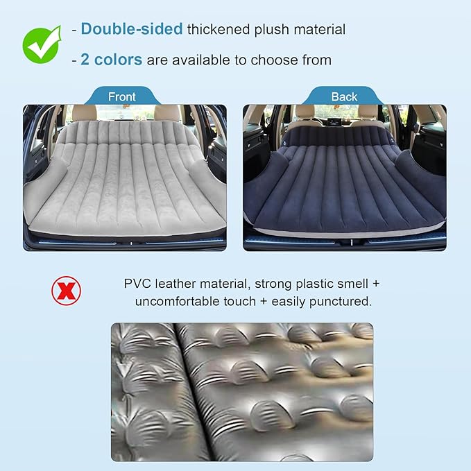 SUV Air Mattress with Double-Sided-Thick FlockedCar Mattress with Pump &amp PillowLeakproof Durable Car Air MattressCar Bed for Auto CampingRoad TripDouble-Sided Flocking（Black+Grey）
