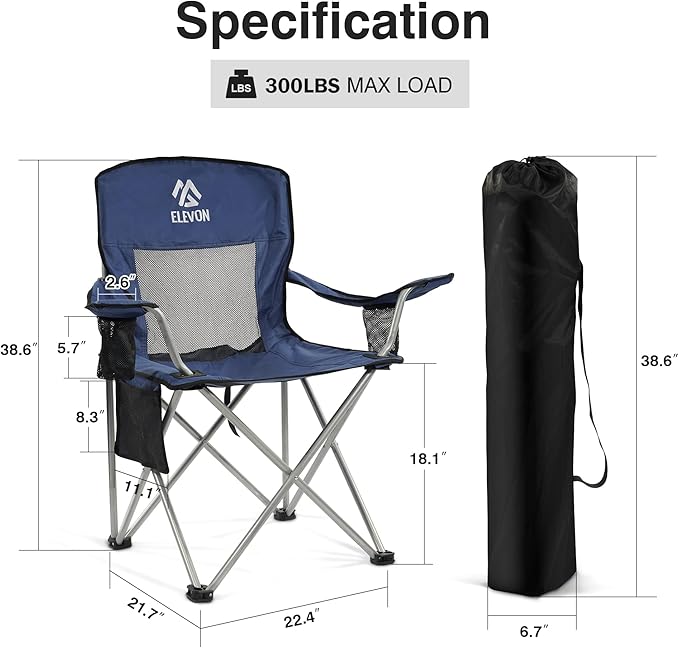 Elevon Camping Chair Portable Folding Outdoor Chair with Arms Cup Holder and Carry Bag