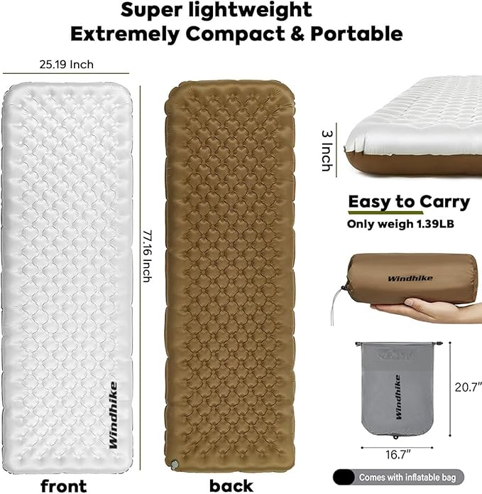 Inflatable Camping Sleeping Pad 3'' Ultra Thick Camping Mat 5 R-Value Insulated Camping Mattress 4-Season Inflatable Foam Camping Mat for Car Hiking