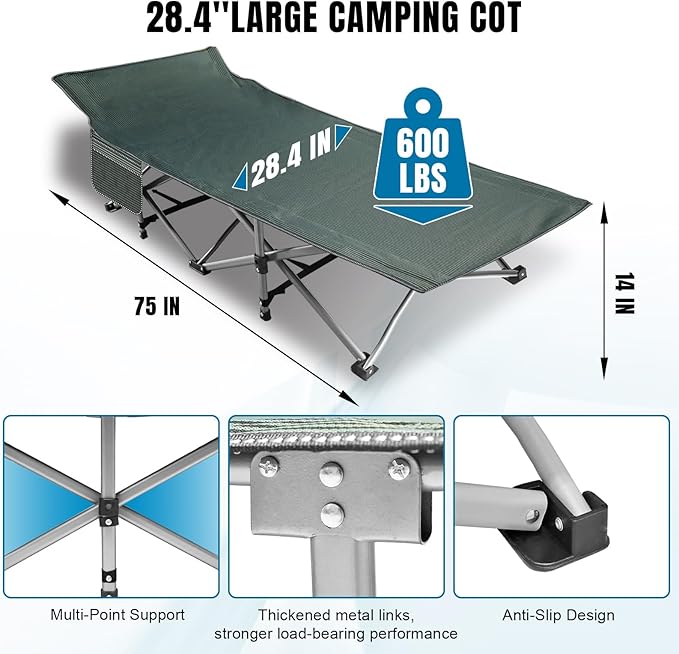 Camping Folding Cot with Mattress for Adults with 600lbs Max Load Heavy Duty 28 Wide Portable Sleeping Camp Cot with Carry Bag for Home Office Travel - Black