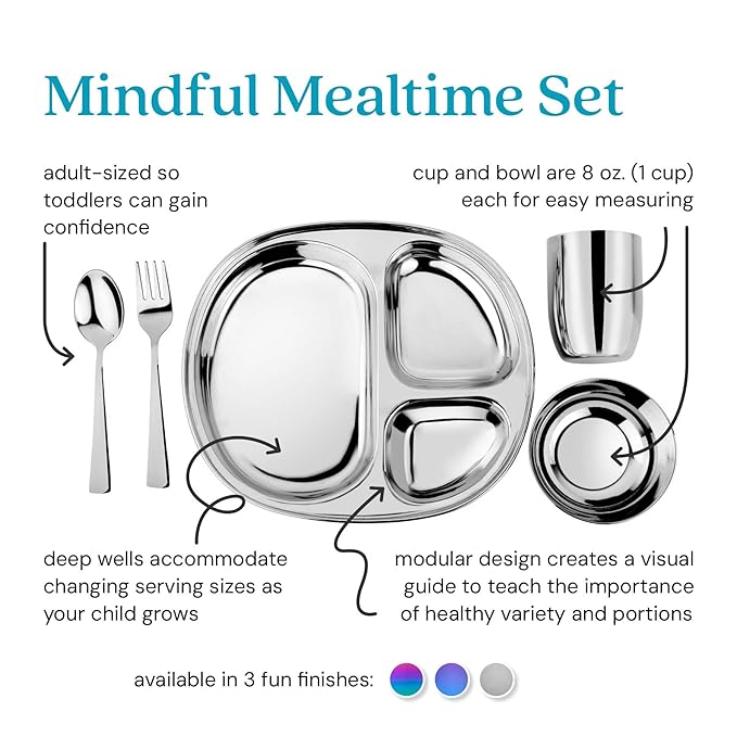 Ahimsa Stainless Steel Kids Dinnerware Set Pediatrician Designed 5 Piece Toddler Plates and Bowls Set Stainless Steel Divided Plate Cup and Kids Utensils