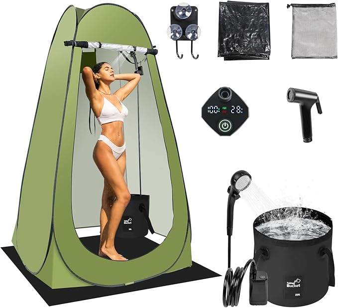 Pop Up Shower Tent for Camping Portable Outdoor Privacy Shower Tent with 6000mAh Rechargeable Shower
