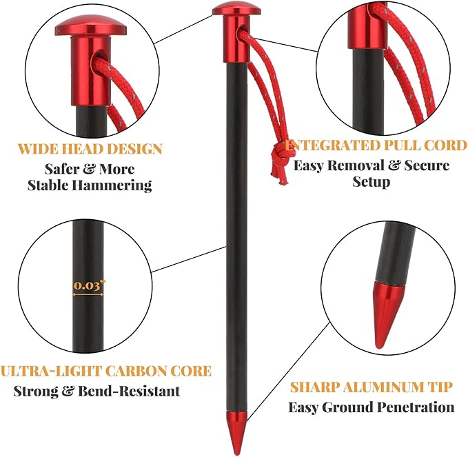 6 Pack Carbon Core Tent Stakes 6 Inch Ultralight Carbon Camping Stakes with Aluminum Shell Tent Pegs with Nylon Cord for Backpacking Hiking
