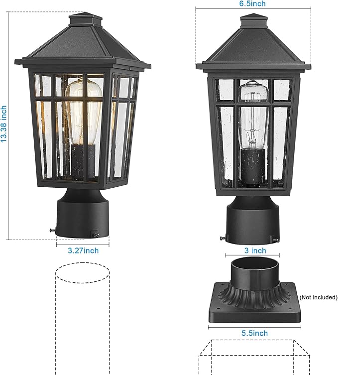 Darkaway Outdoor Post Lights Lamp Post Light Fixture Waterproof Aluminum Housing with Glass Fence Post Deck Lighting for Garden Patio Pathway (1 Pack Black)