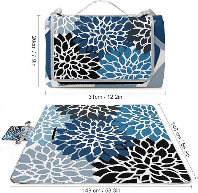 Dahlia Pinnata Flower Floral Blue White Waterproof Outdoor Picnic Blanket Sandproof Beach Mat for Camping Hiking Grass Travelling
