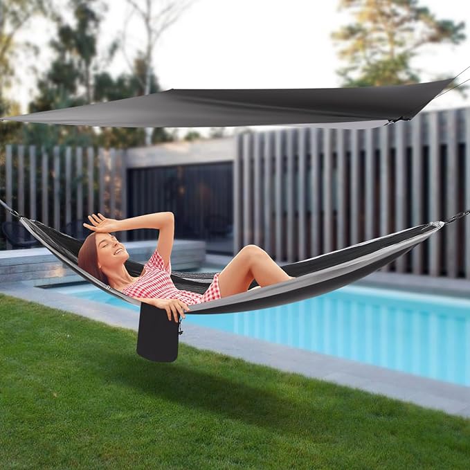 HammocksCamping Hammock with Mosquito Net and Rain Fly Tarp200kg Load CapacityLightweight Portable Hammock for BackpackingHikingand Travel-Black/Grey