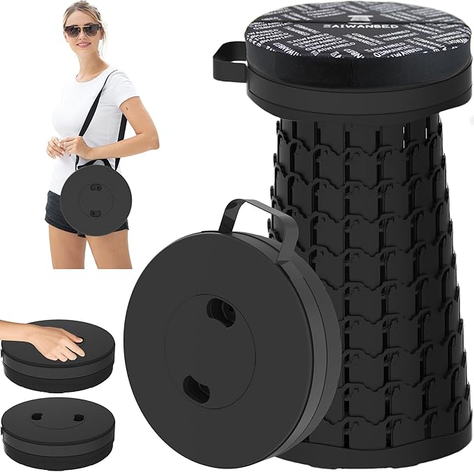 2026 Upgraded 45cm Collapsible Stool with Cushion Maximum Loading 440 Pounds Portable and Lightweight Adjustable Seat Camping Retractable Stool for Outdoor Camping Fishing Hiking BBQ