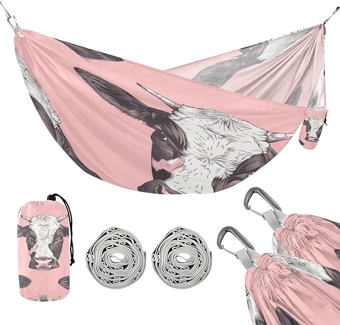 Cow Pink Camping Hammock 330 lbs with 2 Tree Straps Carry Bag Single Portable Hammock for Outdoor/Indoor Hiking Beach Backpacking Travel