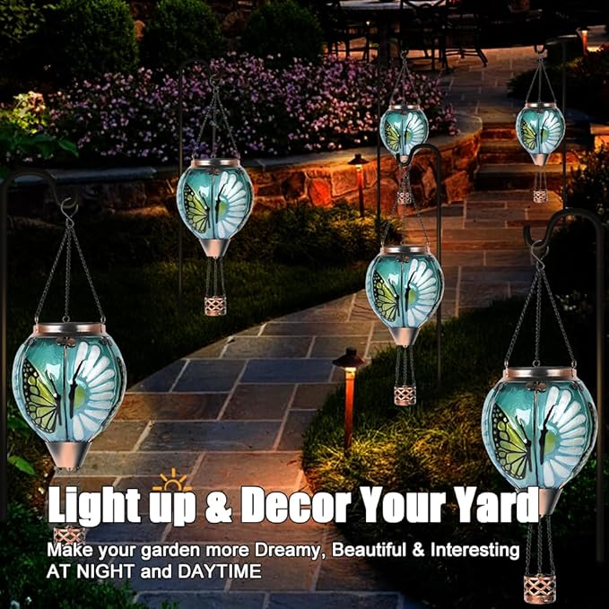 Hot Air Balloon Solar Lantern - Butterfly Stained Glass Lantern Simulated Flickering Dancing Flame Outdoor Hanging Yard Light Waterproof IP65 for Patio Lawn Porch Decor Gift