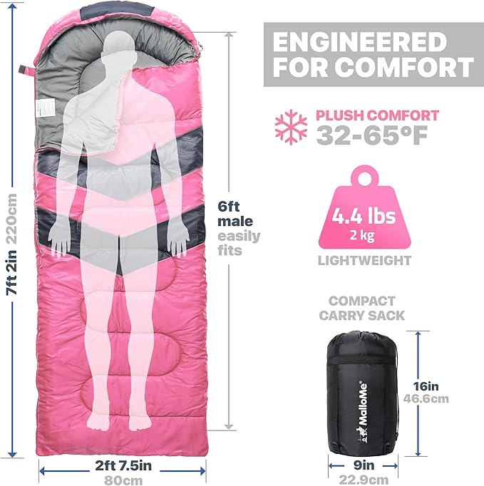 MalloMe Sleeping Bags for Adults Cold Weather &amp Warm - Backpacking Camping Sleeping Bag for Kids 10-12 Girls Boys - Lightweight Compact Camping Essentials Gear Accessories Hiking Sleep Must Have