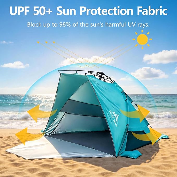 Three Bears Pop Up Beach Tent Sun Shade Shelter for 3-4 Person UPF 50＋ UV Protection Lightweight &amp Easy Setup Beach Shade Canopy Portable Beach Shade Tent Beach Cabana (Blue)