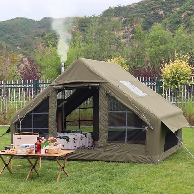 Large Luxury Inflatable Camping Tent Cotton Canvas Tent Breathable and Waterproof Air Tent with Skylight and Stove Jack Hole for for 4-6-8-10 Person Family Camping