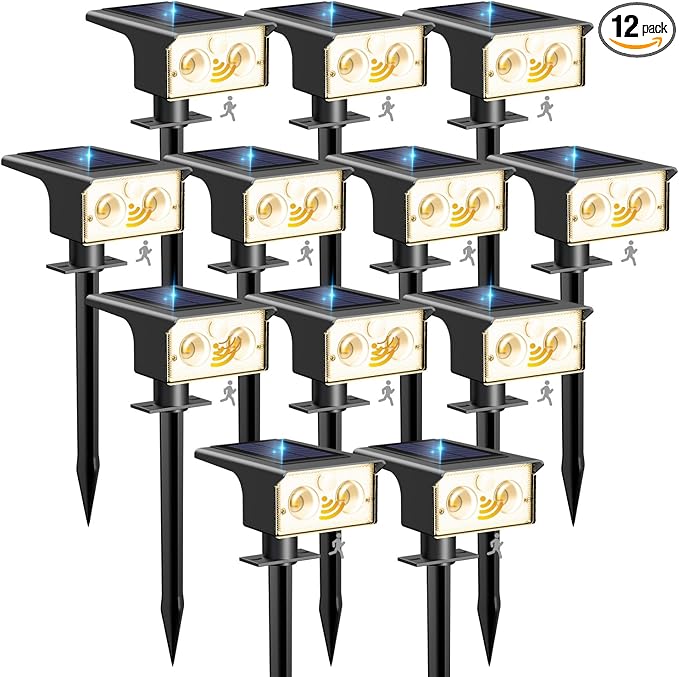 btfarm Solar Spot Lights Outdoor Waterproof 12 Pack/3 Modes Motion Sensor Lights Solar Powered Spotlights 2-in-1 Auto On/Off for Outside Pathway Yard Garden Landscape Lighting Warm White