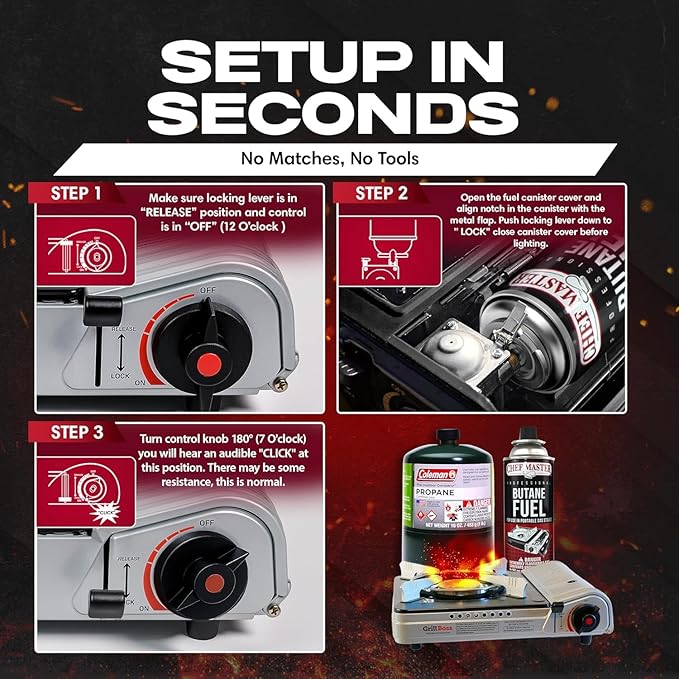 Grill Boss Dual Fuel Camp Stove - 12000 BTU Butane &amp Propane Portable Stoves for Camping Emergencies BBQ Hiking &amp Backpacking - Double Wind Guard Instant Piezo Ignition System - 90057