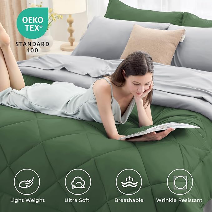 HEVUMYI Queen Comforter Set - 7-Piece All Season Bed in a Bag Queen Ultra Soft Bedding Set with Comforter Flat Sheet Fitted Sheet Pillowcases Pillow Shams Green &amp Light Grey