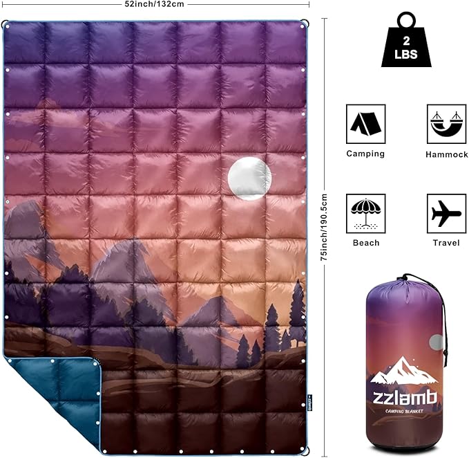 zzlamb Camping Blanket for Cold WeatherOutdoor Puffy Blanket Portable Down AlternativeWindproof Warm Cloak with SnapsCozy Quilt Backpacking Picnic RV Travel Plane Car Hammock Beach Climbing