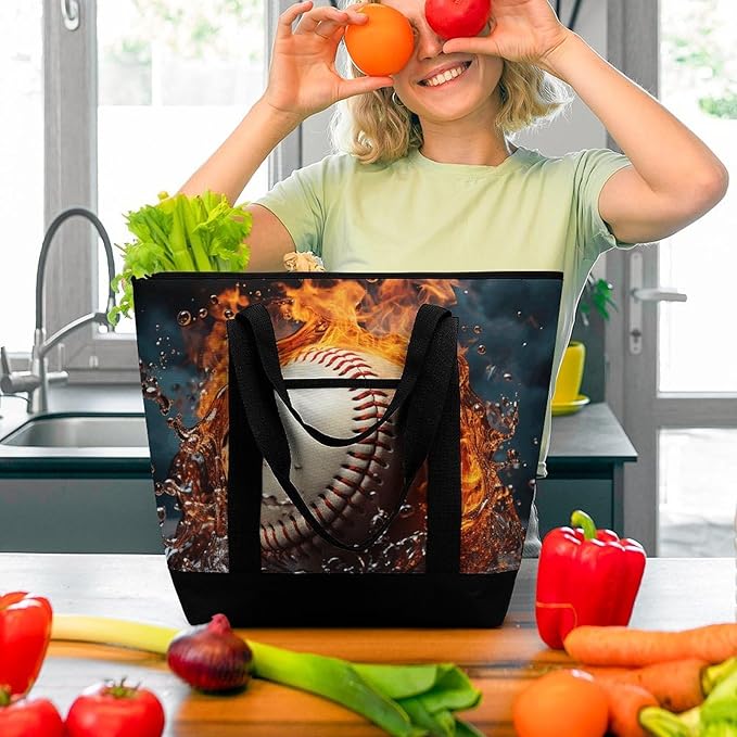 Insulated Shopping BagLarge Reusable Cooler Bags Fire Water Baseball Ball Printed Foldable Shopping BagTravel Waterproof Shoulder Bag
