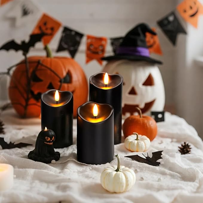Amagic Black Halloween Flameless Candles with Remote Waterproof Outdoor Candles Battery Operated with Timer Plastic Flickering LED Pillar Candle for Holiday Theme Party Pumpkin Decor Set of 5