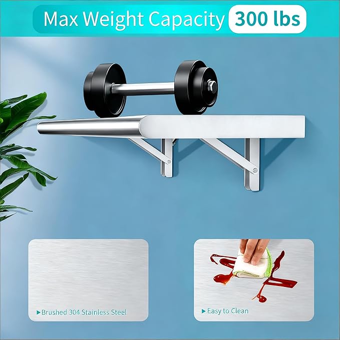 Concession Shelf 48L x 12W22 gauge ASTM 304 Stainless Steel Folding Serving Food Shelves Wall Mount Shelving  Stainless Steel Shelf For Food Truck grill areaBBQ working table Restaurant .NSF