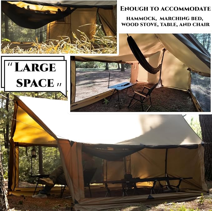 Hammock Hot Tent with Stove Jack and Double-Sided mesh Windows - Spacious Versatile Wall Tent with Snow Skirt(No Poles)-Waterproof &amp Windproof Ideal for Camping Backpacking Hiking