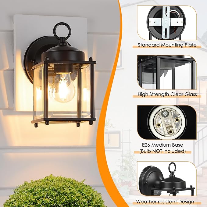 Outdoor Wall Lantern Exterior Waterproof Wall Sconce Light Fixtures Black Front Door Wall Lighting with Clear Beveled Glass Shade 2 Pack