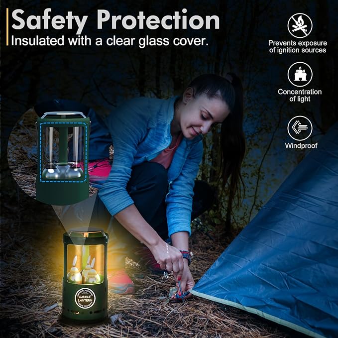 Candle Lantern Camping Gear for Campers and Emergency Use Without Candles (Green)