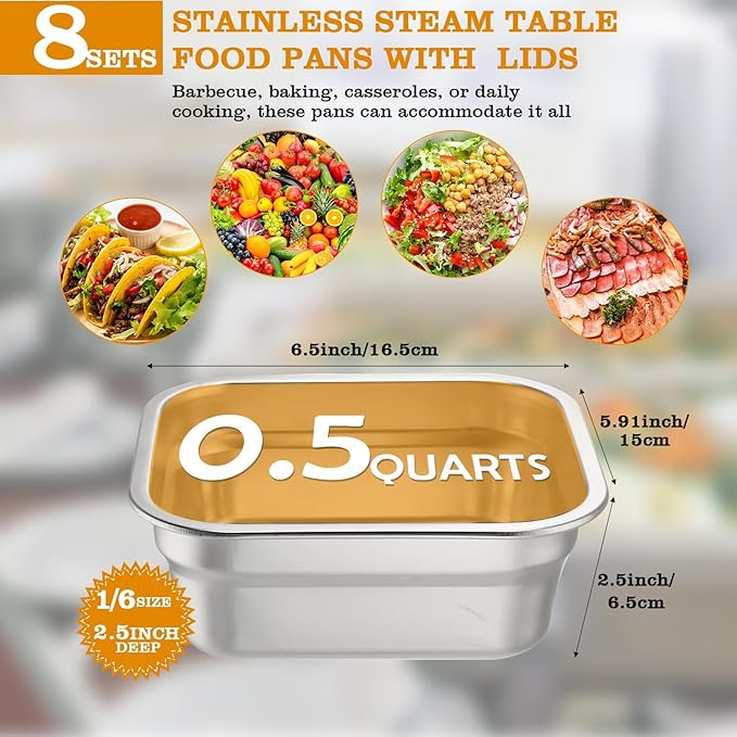 8 Pcs 1/6 Size Hotel Steam Table Pans with Lids Stainless Steel Food Containers and PP Plastic Covers Anti-clogging Steamer Pans for Buffet Catering Restaurant and Food Prep (2.5 Deep)