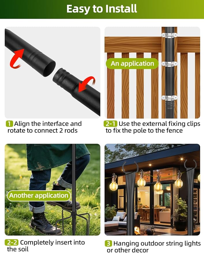 String Light Poles for Outside 4 Pack 10ft Metal Outdoor String Light Poles for Deck - Ideal for Patio Garden Yard Front Porch Decorations Black