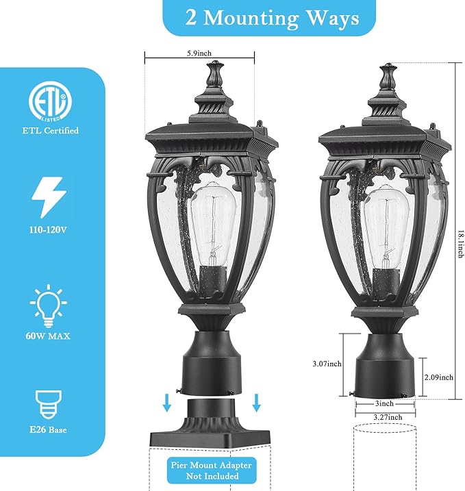 Outdoor Light Post Retro Waterproof Exterior Lamp Post Light Fixture Anti-Rust Aluminum Pole Lights Outside with Seeded Glass for Yard Garden Pathway Patio Lawn Matte Black