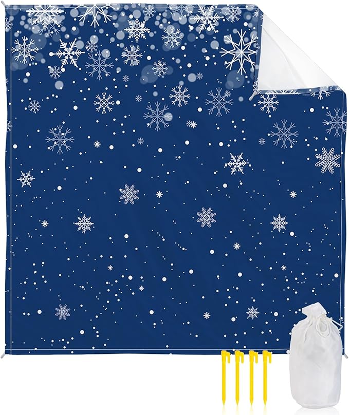 Beach Blanket Waterproof Sandproof Merry Christmas Winter Snowflakes Seamless Quick Drying Beach Mat with 4 Stakes White Snowflake Blue Back Lightweight Picnic Blanket for Travel Camping 118x108