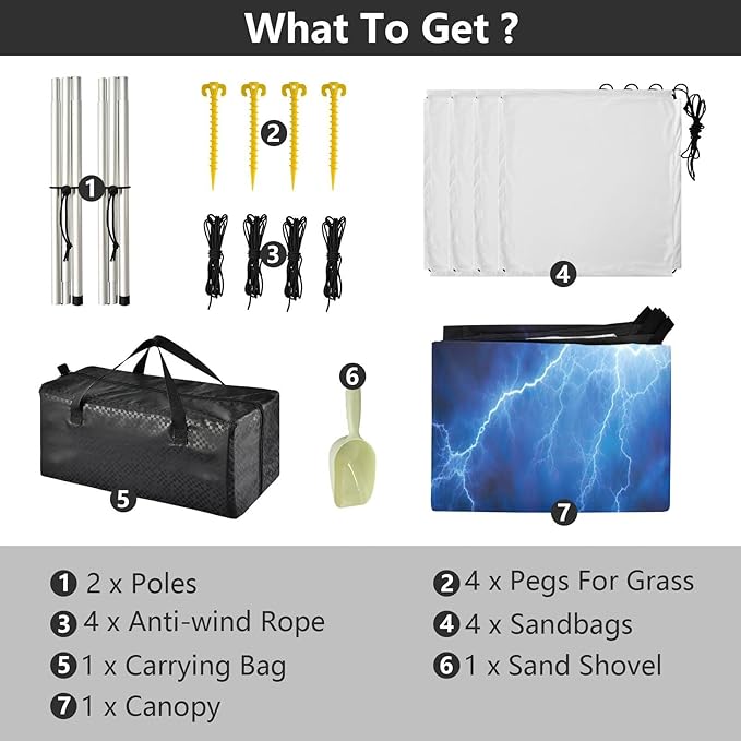Blue Lightning Black Beach Tent Sun Shelter 9.2' x 10.5' Beach Canopy with 4 Sandbags 4 Stability Poles Sand Shovels - Tent Canopy for Beach Camping Fishing Picnics