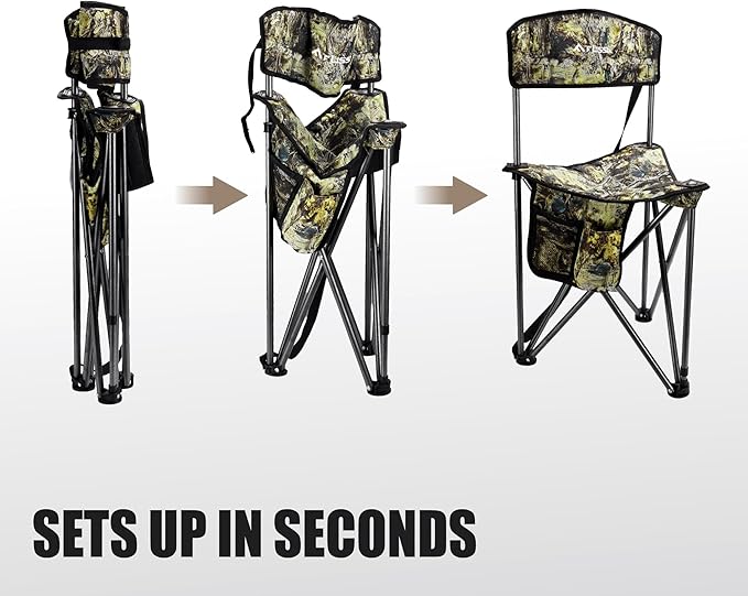 FLISSA Tripod Hunting Chair with Backrest Portable Hunting Stool Supports 250 LBS Foldable Camo Seat with Carry Strap for Hunting Hiking Fishing and Camping