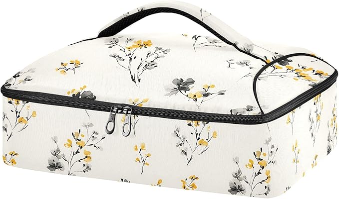 Casserole Carrier Black and Yellow FlowersInsulated Casserole Carrier for Hot or Cold Food Thermal Lunch Tote for Potluck Parties Picnic Beach Fits 9 x 13 Inches Baking Dish