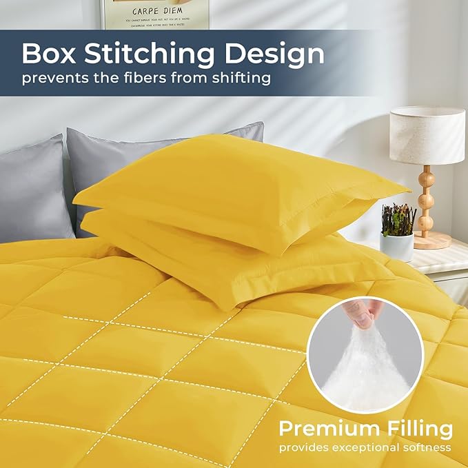 HEVUMYI Full Comforter Set - 7-Piece All Season Bed in a Bag Full Ultra Soft Bedding Set with Comforter Flat Sheet Fitted Sheet Pillowcases Pillow Shams Yellow &amp Light Grey
