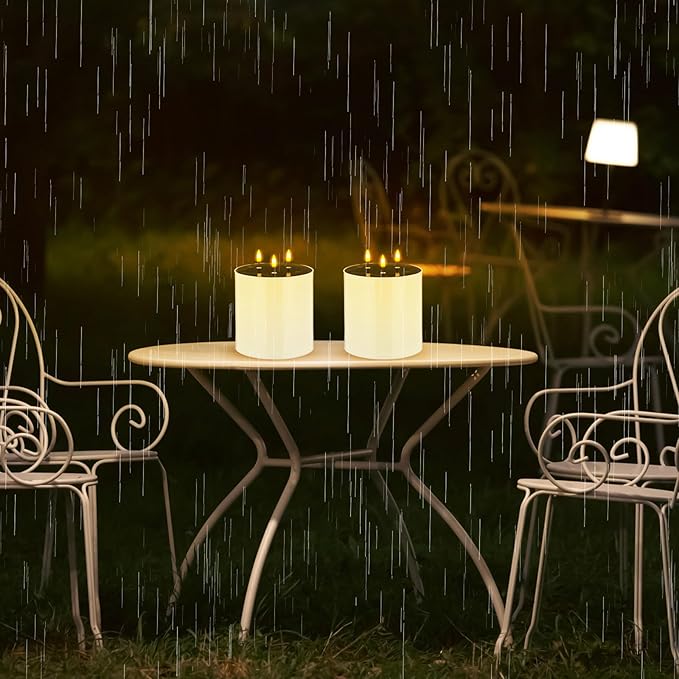 3 Pack Solar Large Flameless Candles with 3 Wicks 5. 9 x 5. 9 Waterproof Outdoor LED Pillar Candles Battery Operated Jumbo Flickering Candlestick for Home Patio Church Lanterns Ivory