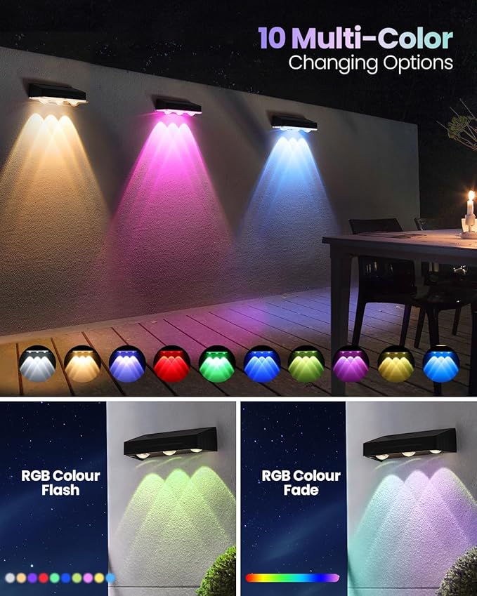 Solar Fence Lights Outdoor 2025 Upgraded Solar Fence Lights Have 3 x 70 Lumen Reflector Lenses and 12 RGB Patterns IP65 Waterproof Auto On/Off for Backyard Deck Steps Fence (8 Pack)