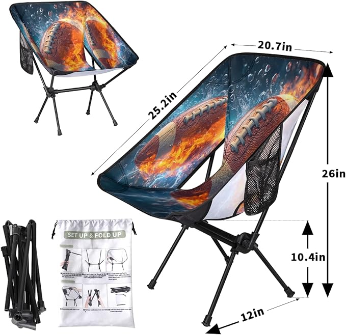 Rugby Camping Chair Folding Backpacking Chair Ball Sports Portable Lightweight Outdoor Chairs with Side Pockets for Hiking Beach Picnic