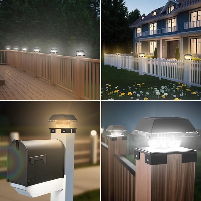 Solar Post Cap Lights Outdoor Deck Fence Post Lights wtih 120 Lumen Warm Light &amp Cool Light 3.5in-5.5in Adjustable Base Fit 4x4 5x5 Wood Post &amp 4x4 Vinyl/Metal Post for Patio Porch Backy