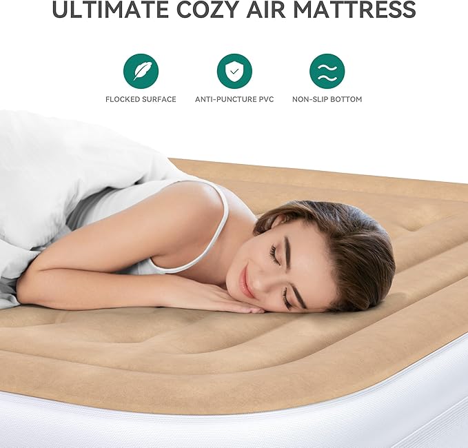 YITAHOME FullXL Size Air Mattress with Headboard 18in Inflatable with Pillow Blow Up Mattress with Removable Electric Pump Comfort Air Bed Queen for Camping &amp Home Brown