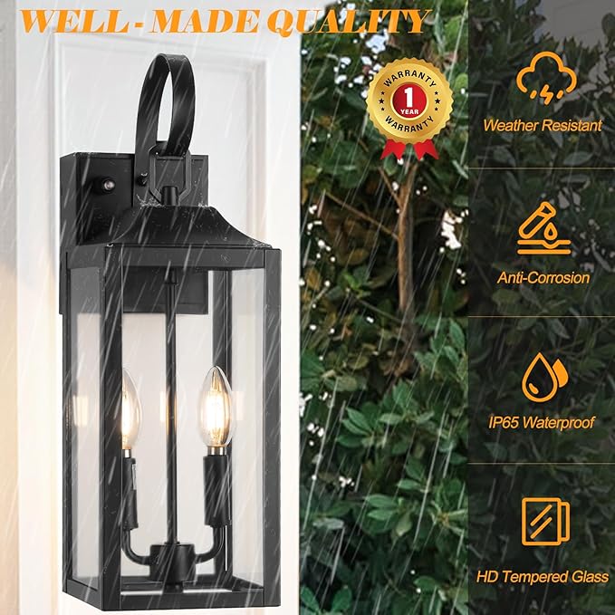 Large Porch Lights with GFCI Outlet 19 Black Dusk to Dawn Outdoor Wall Lantern 2-Light Exterior Lighting Fixtures with GFCI Outlet Built-in Waterproof Outdoor Wall Sconce for House Front Door
