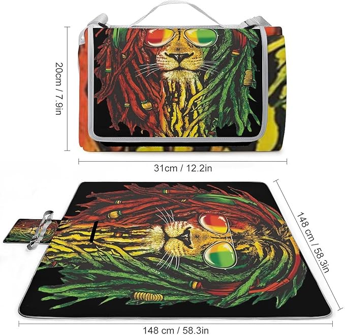 Lion of Judah Rasta Reggae Art Waterproof Outdoor Picnic Blanket Sandproof Beach Mat for Camping Hiking Grass Travelling