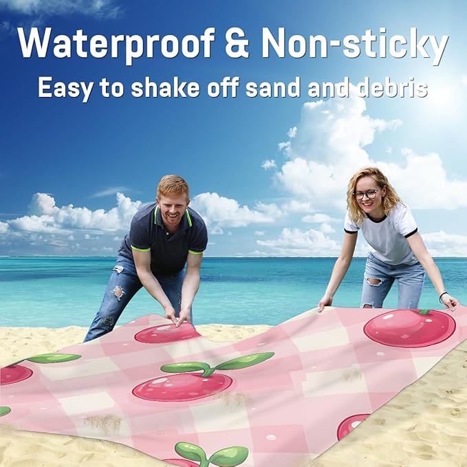 Waterproof Sandproof Beach Blanket 59''×68'' Simulation Cherries Polyester Outdoor Picnic Blanket with 4 Stakes &amp Storage Bag for BeachCampingVacation Pink