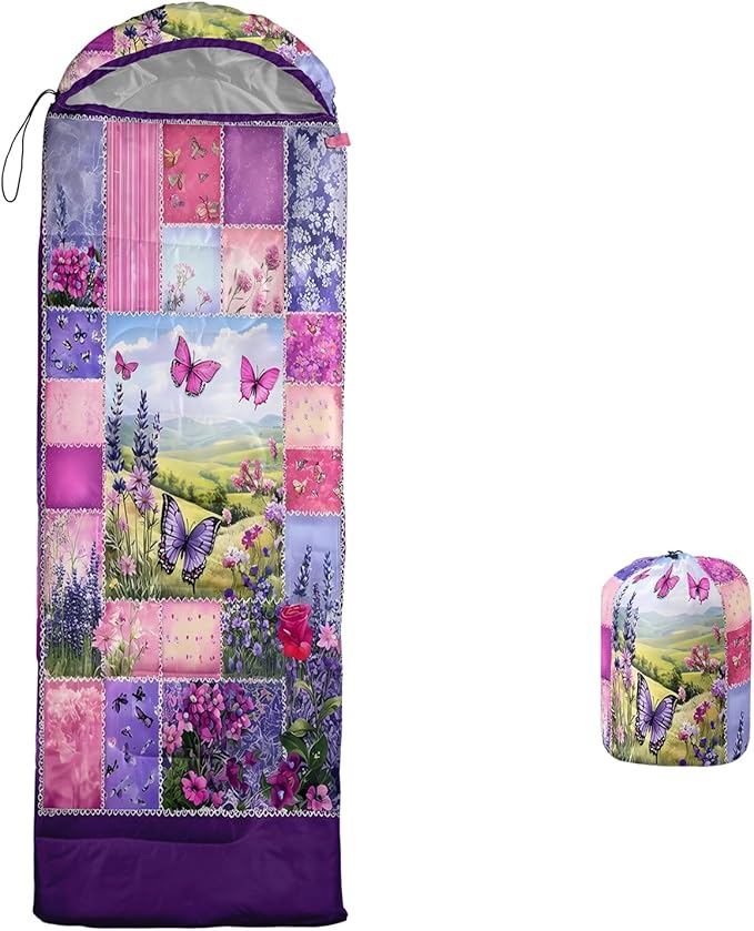 AILONEN Pink Flamingo Sleeping Bag for Kids GirlsWarm and Cool WeatherLightweightWaterproof BackpackingTropical Flamingo Theme Palm Leaves Sleeping Bag for Camping