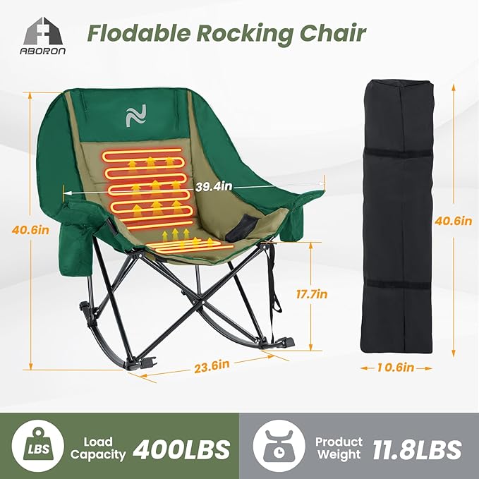 ABORON Oversized Rocking Camping Chair for Adults Fully Padded Folding Outdoor Lawn Chair with Side Pocket Portable Recliner Chair for Camp Patio Backyard Supports 400 lbs