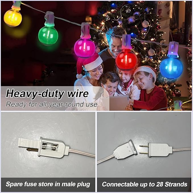 25Ft LED Outdoor String Lights G40 Outdoor Christmas Decorations Lights Waterproof with 27 LED Globe Multicolor Bulb Hanging Vintage Christmas Lights for Patio Roofline Backyard Garden Party Decor