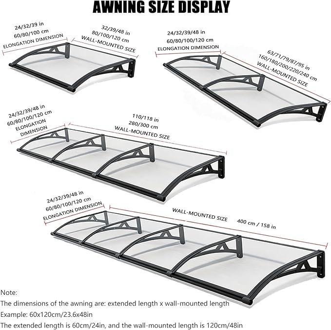 Awning for Door Entrance Aluminum Bracket Polycarbonate Board Exterior Awnings 60x220cm/24x87in 100x160cm/39x63in for Sun Shutter Rain Snow Protection(100x280cm/39x110in)
