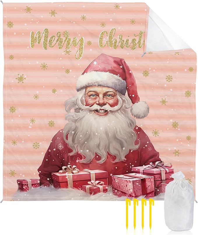 Beach Blanket Waterproof Sandproof Merry Christmas Pink Santa Claus Gift Quick Drying Beach Mat with 4 Stakes Gold Snowflake Gradient Stripe Lightweight Picnic Blanket for Travel Camping 108x84