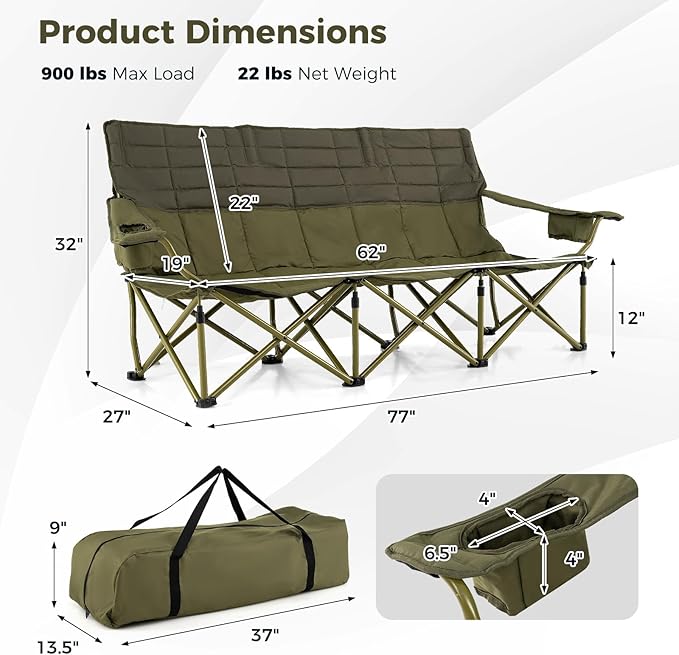 Tangkula 3 Person Oversized Camping Chair Fully Padded Folding Camp Chair with Adjustable Armrests Cup Holders Carrying Bag Portable Outdoor Lawn Chair for Camping Support 900LBS