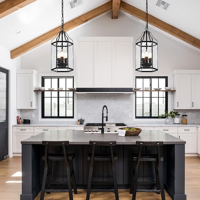 8 Modern 3-Light Exterior Black Lantern Pendant Light Fixture with Clear Rippled Glass Mini Industrial Hanging Cage Chandelier for Outdoor Kitchen Dining Room Hallway Entryway Foyer Porch